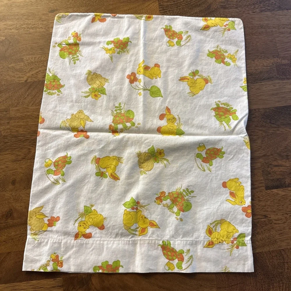 Vintage 1970s Babycare Crib Pillowcase Yellow Bunny Green Turtle Nursery